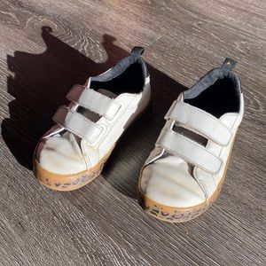 Velcro Toddler Shoes. White, cheetah gum bottoms.